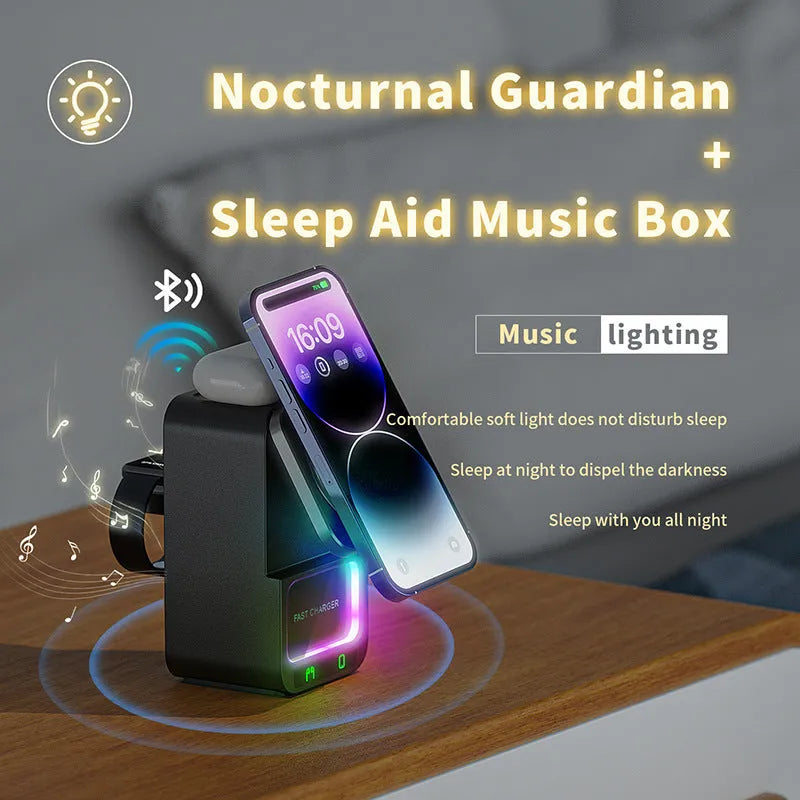 Wireless Bluetooth speaker with magnetic charging pad showing white and black colour options