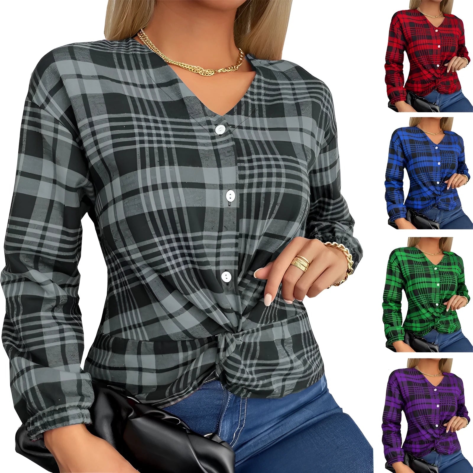 Women's purple and grey plaid loose-fit casual shirt with regular sleeves, laid flat.
