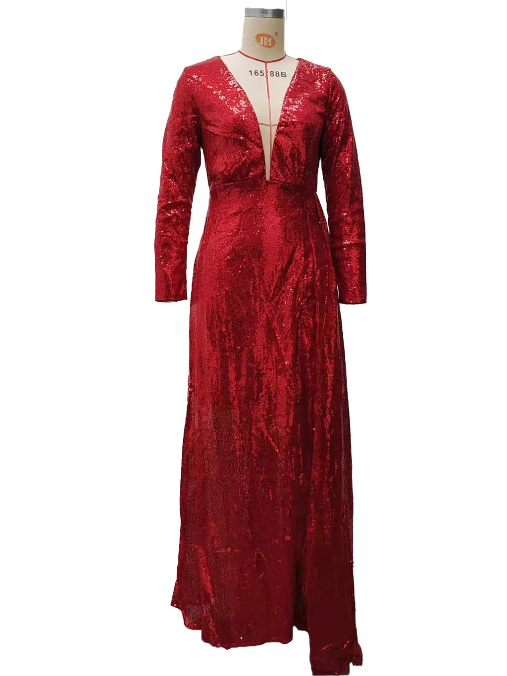 Red polyester long sleeve sequin dress with high waist and side split on mannequin