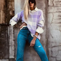 Loose lilac plaid print women's sweater with long sleeves and ribbed trim