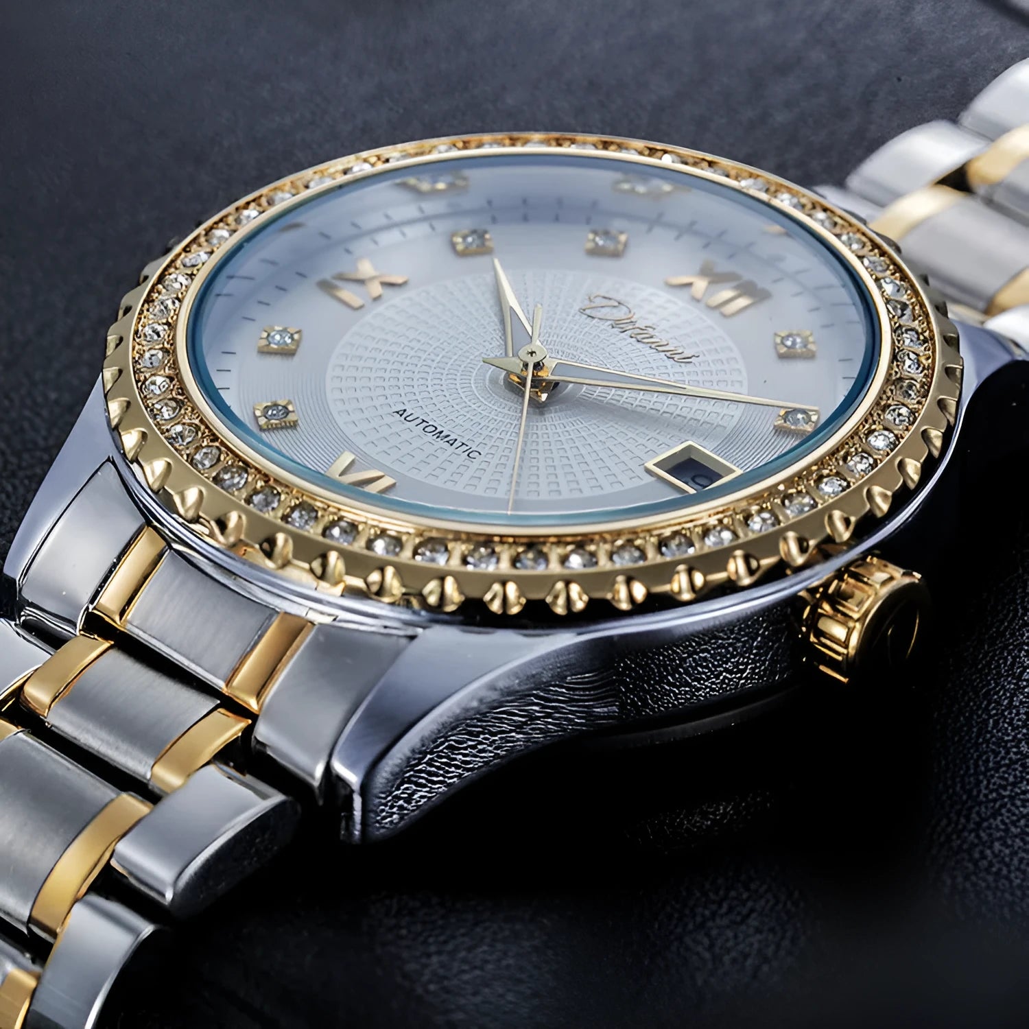 Men's gold and silver automatic mechanical watch with luminous markers on a black or white dial.