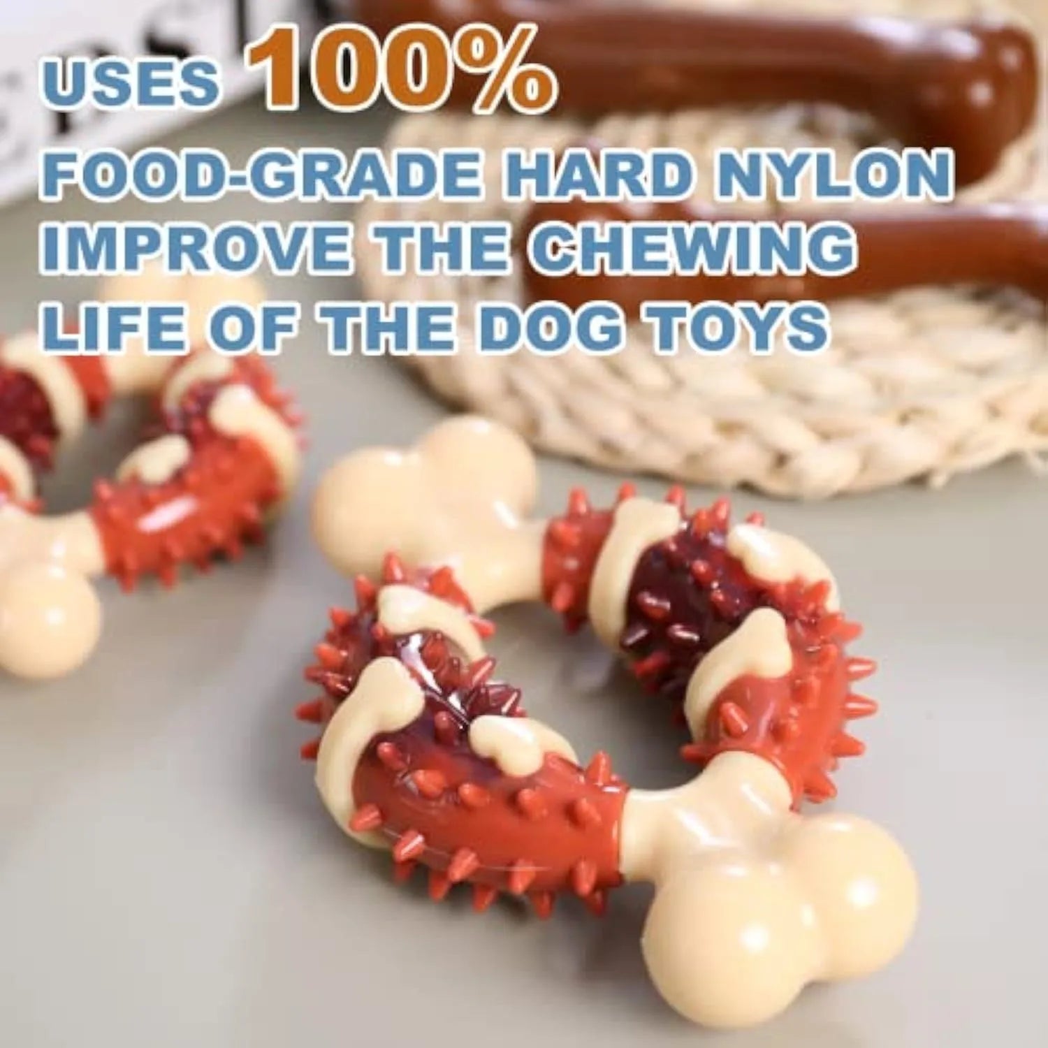 Bone-shaped natural rubber dog chew toy for teeth cleaning in two sizes