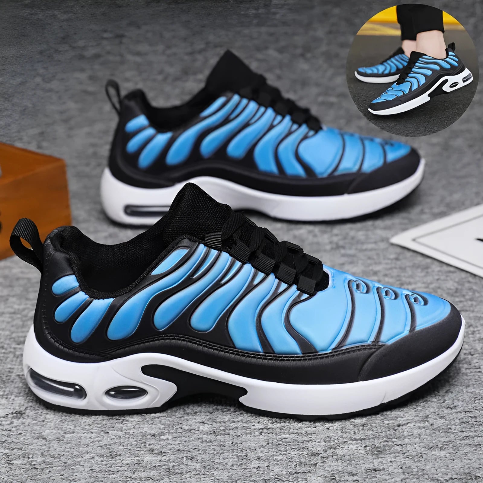 Colour-blocked men's lace-up air cushion sneakers with fabric upper and rubber sole, blue colour