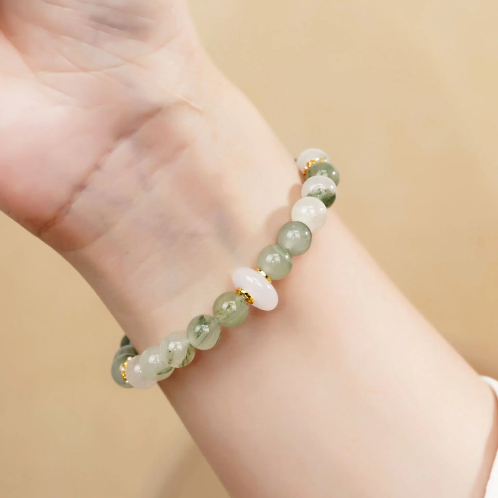 Light green emerald jadeite half bracelet with ice-like texture and round beads