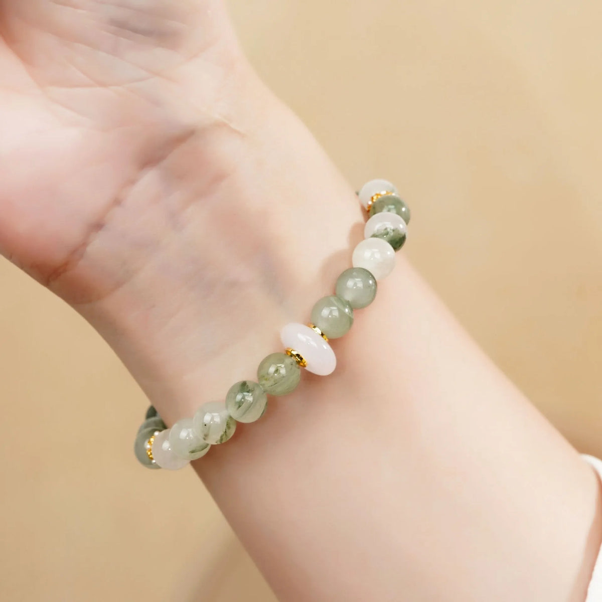 Light green emerald jadeite half bracelet with ice-like texture and round beads