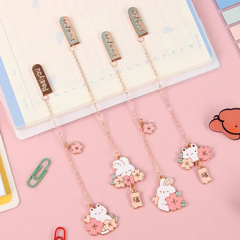Metal pendant bookmark with cartoon cherry blossom cat and rabbit designs for books and journals