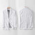 Men's casual linen suit jacket in solid colours showing loose fit and long sleeve design