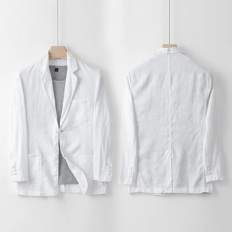 Men's casual linen suit jacket in solid colours showing loose fit and long sleeve design
