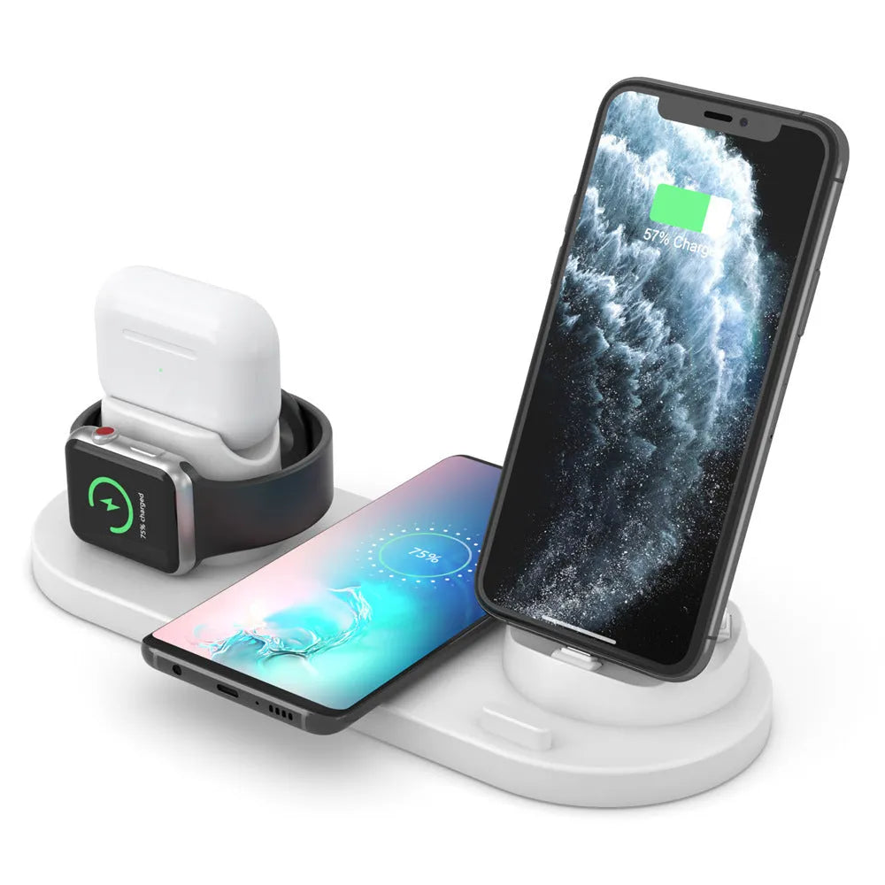 Black and white 6-in-1 wireless charging station for mobile phones, AirPods, and iWatch with USB cable