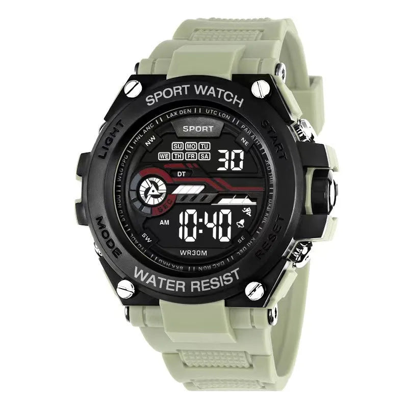 Digital wristwatch with resin strap showing backlight function and stopwatch display
