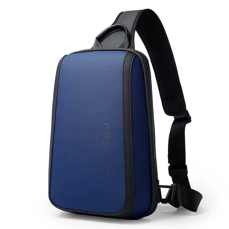 Blue Oxford cloth men's chest bag with adjustable shoulder strap showing front compartment