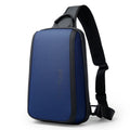 Blue Oxford cloth men's chest bag with adjustable shoulder strap showing front compartment