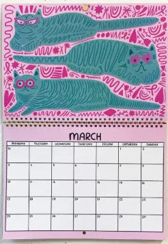Cat-themed illustrated wall calendar for 2024 or 2025 year planning