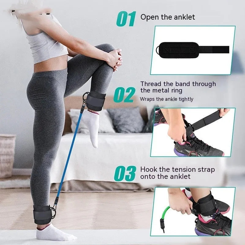 Three TPE resistance bands in different colours with foot loops and storage bag for hip and leg exercises