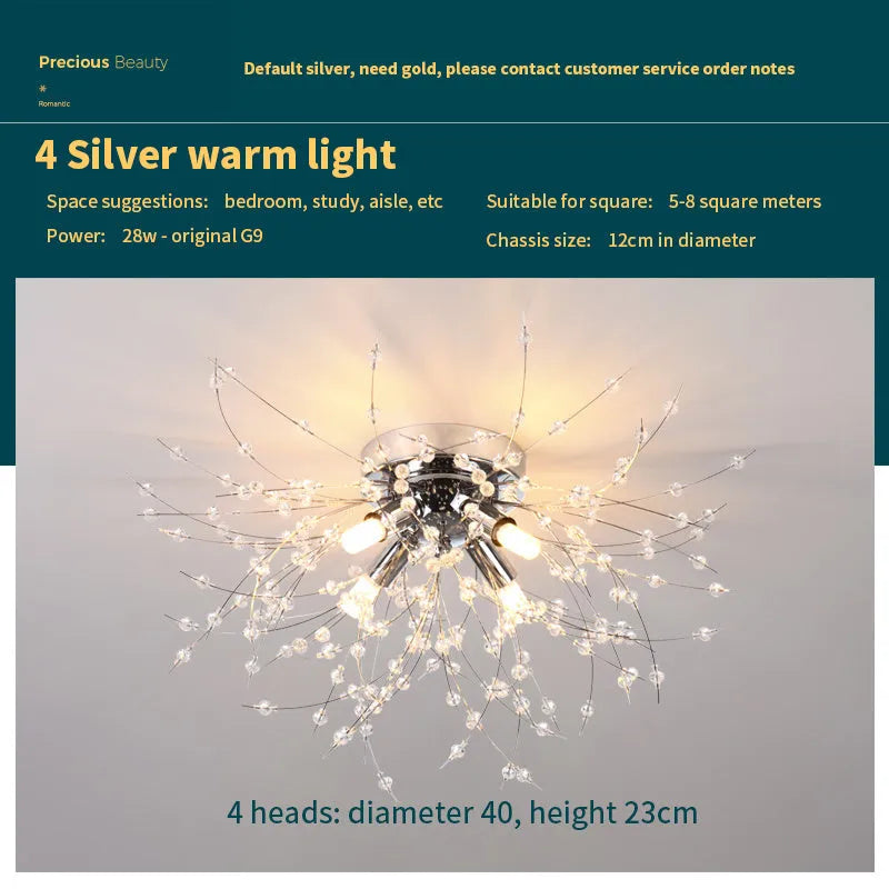 Wrought iron ceiling lamp with dandelion crystal shade chrome finish 40cm four LED heads