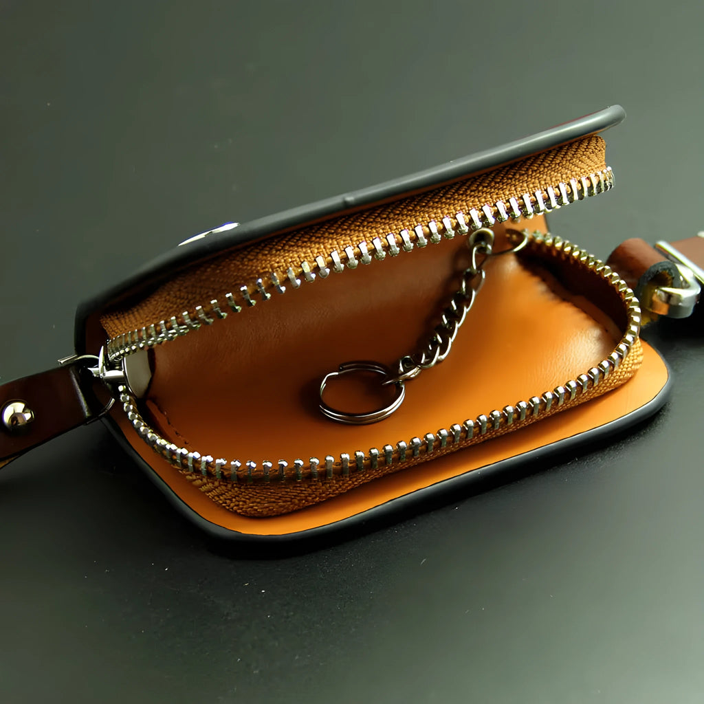 Genuine leather car key case with frosted finish in black and brown colour options