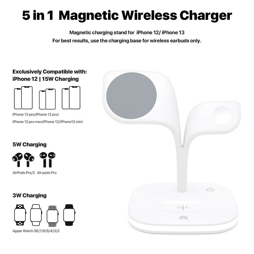 Black and white wireless charging station for phone, watch and headphones on a desk