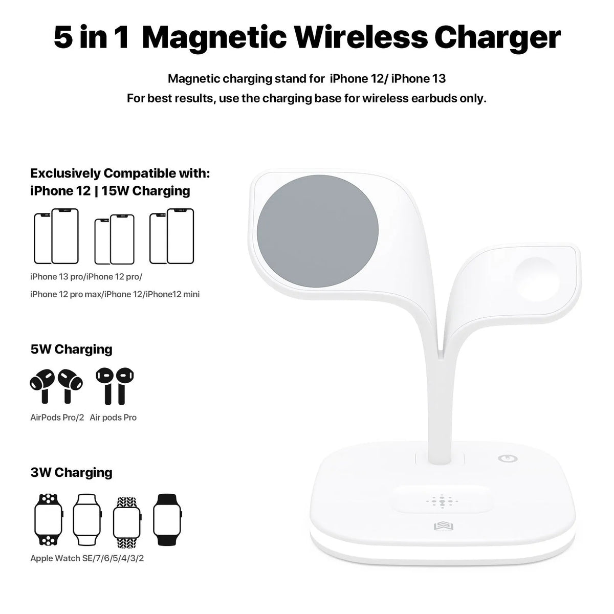 Black and white wireless charging station for phone, watch and headphones on a desk