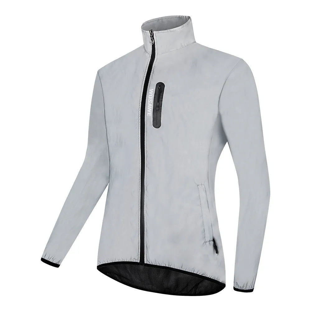 Silver waterproof polyester long-sleeved top displayed on a hanger, showing full sleeves and front closure.