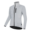 Silver waterproof polyester long-sleeved top displayed on a hanger, showing full sleeves and front closure.