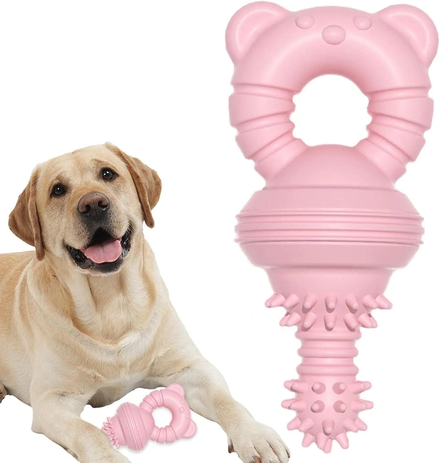 Blue rubber dog chew toy with textured surface and bell for teeth cleaning