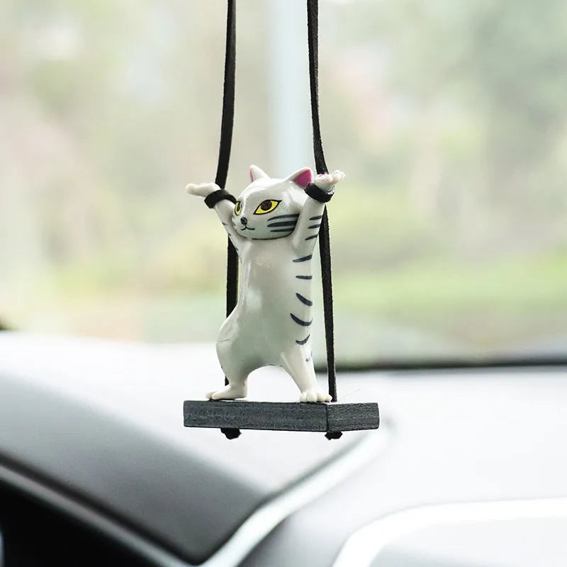 Cartoon-style resin cat pendant for car interior decoration with an adjustable rope, shown in black colour