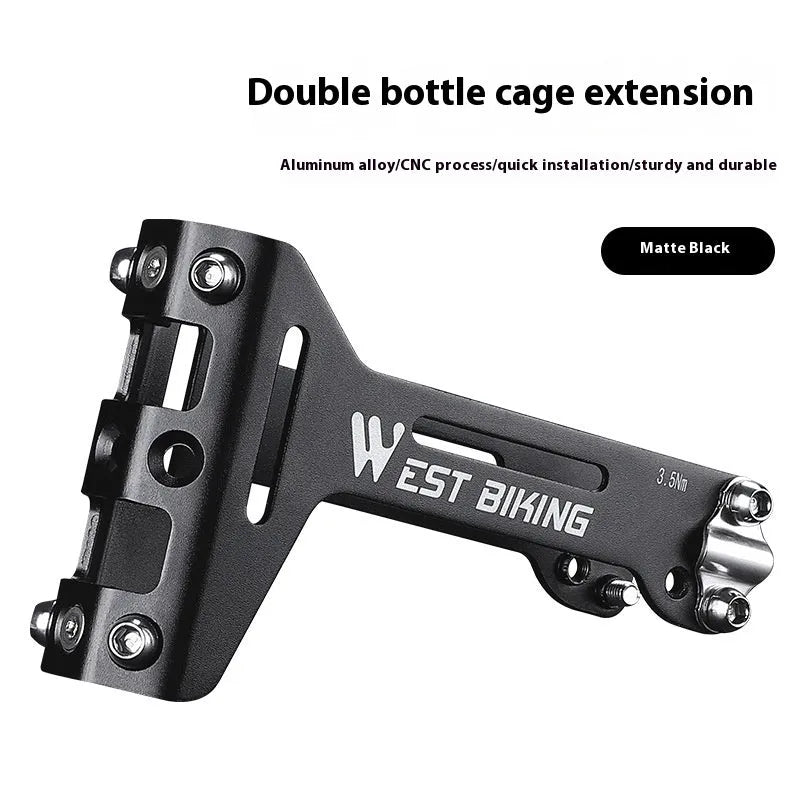 Black bicycle double water bottle cage extension bracket made of 6061 aluminium alloy with CNC anodised finish and adjustable angle