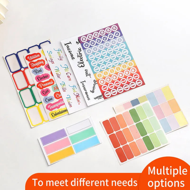 Assortment of handwritten label adhesive stickers showing A6 ruler, grid layouts, and coloured sticky notes.