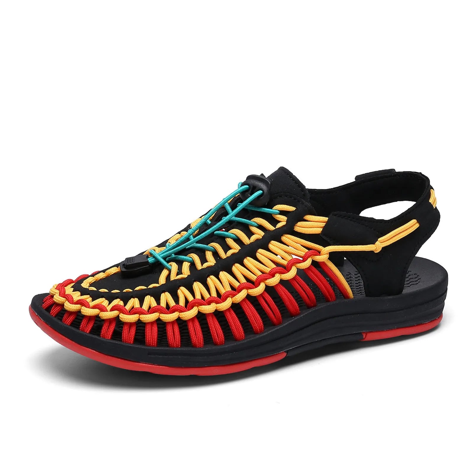Roman-style woven sandals with elastic drawstring tie closure in multiple colour options