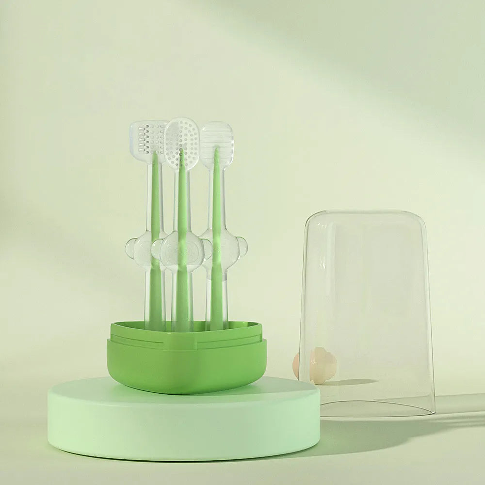 Blue, green, and purple silicone finger toothbrushes for cleaning cat and dog teeth.
