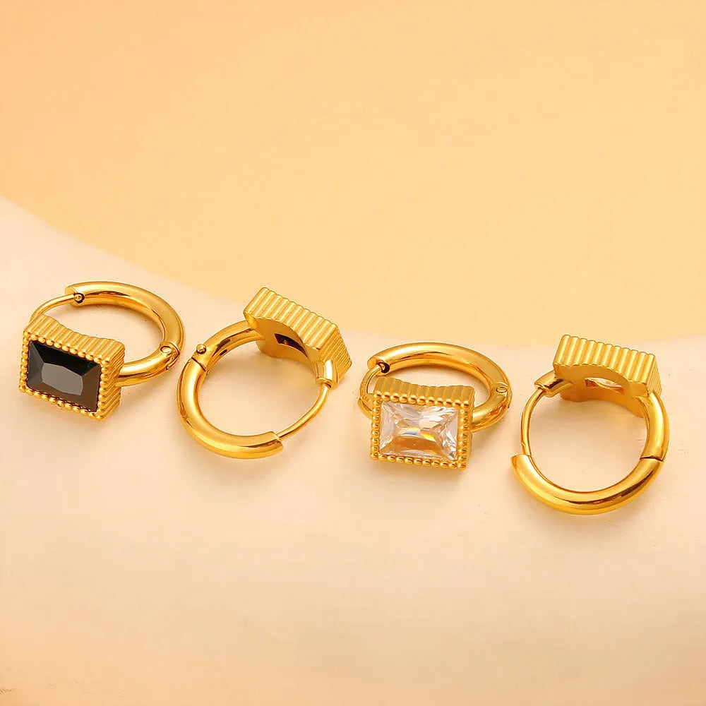 Women's square zircon stainless steel earrings with geometric design in black colour