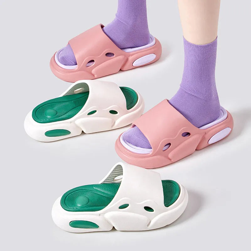 Two-colour thick-soled slippers for couples in pink purple, white green, and black white options