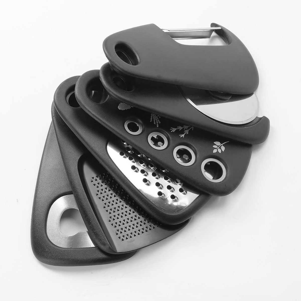 Six stackable kitchen gadgets with brush in colour box, made from plastic and stainless steel