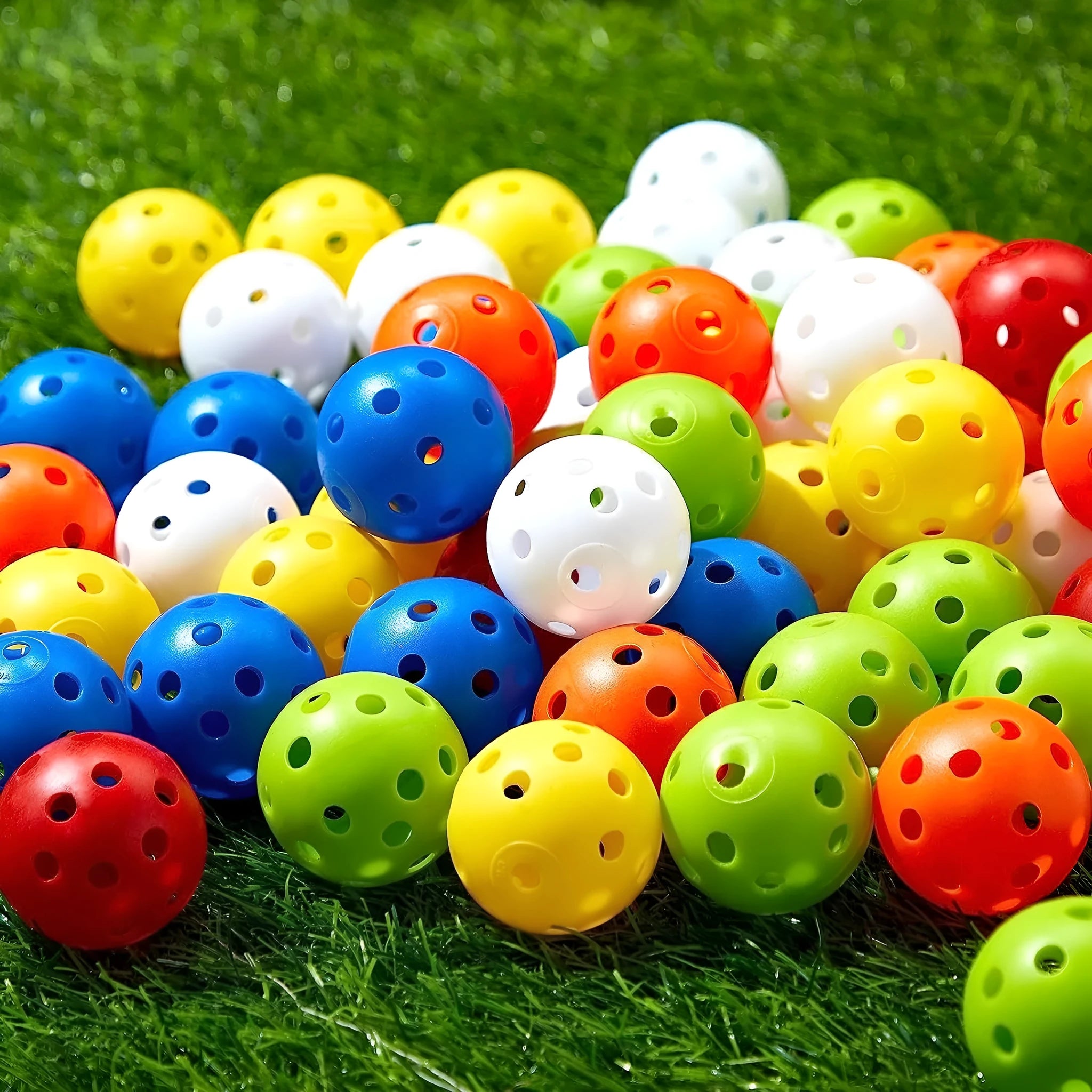 Multi-colour golf practice balls showing red, orange, blue, green, white, and yellow 42mm diameter balls