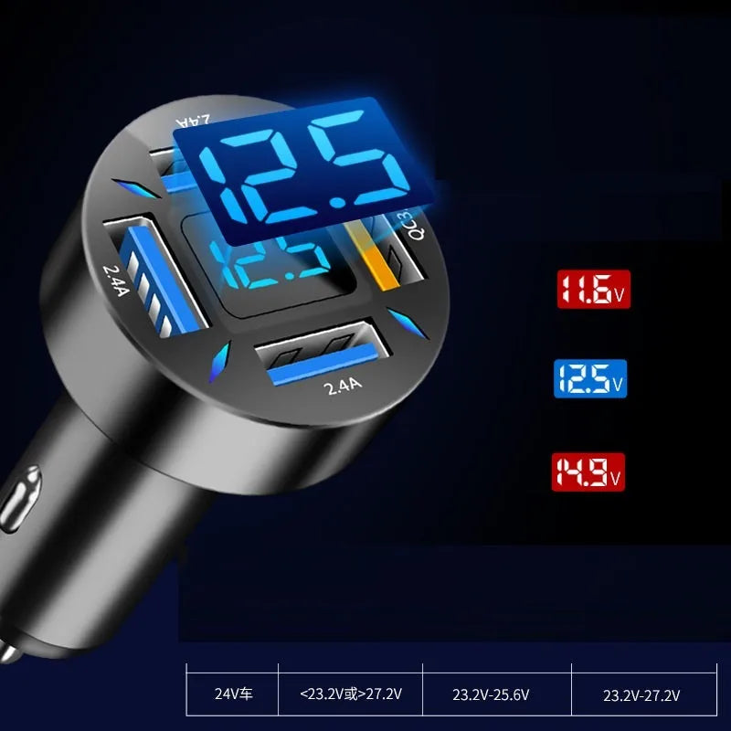 Four-port USB car charger with digital LED display plugged into a car dashboard
