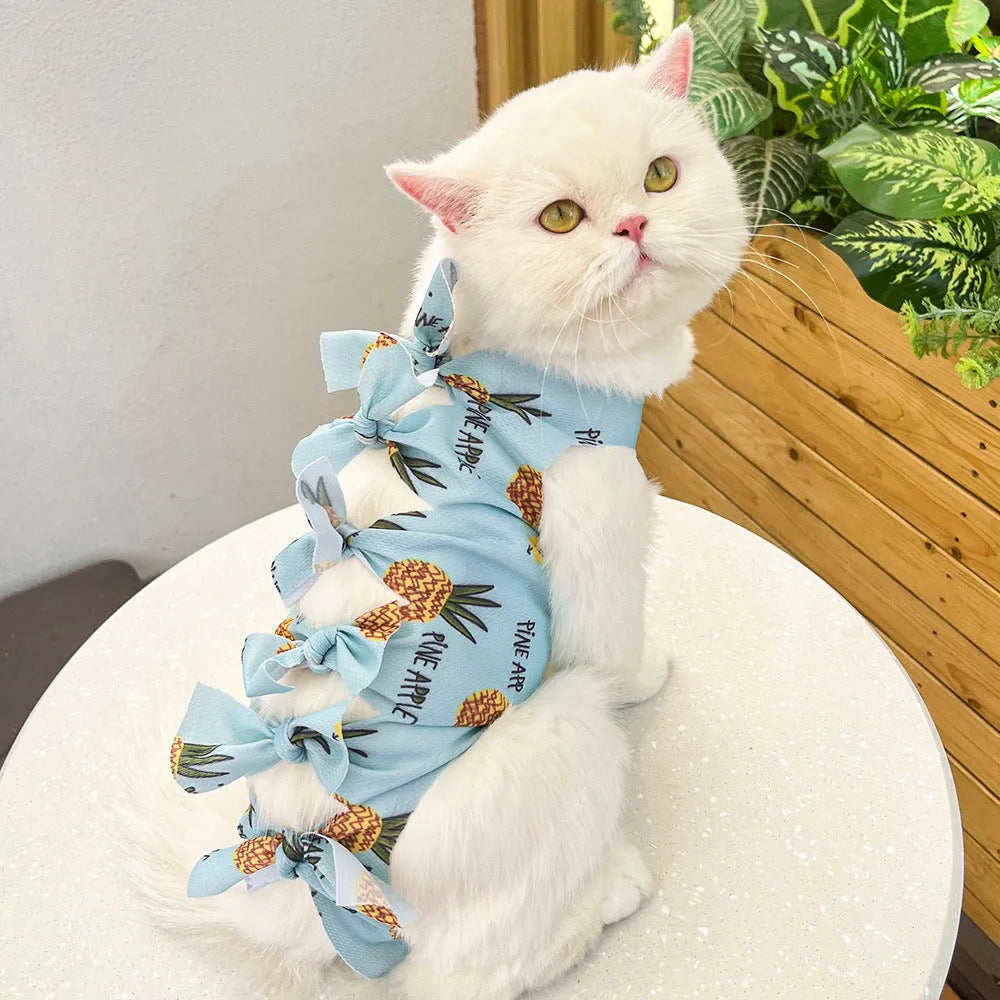 Adjustable polyester cat recovery suit for post-operation wear in blue colour with lace-up closure