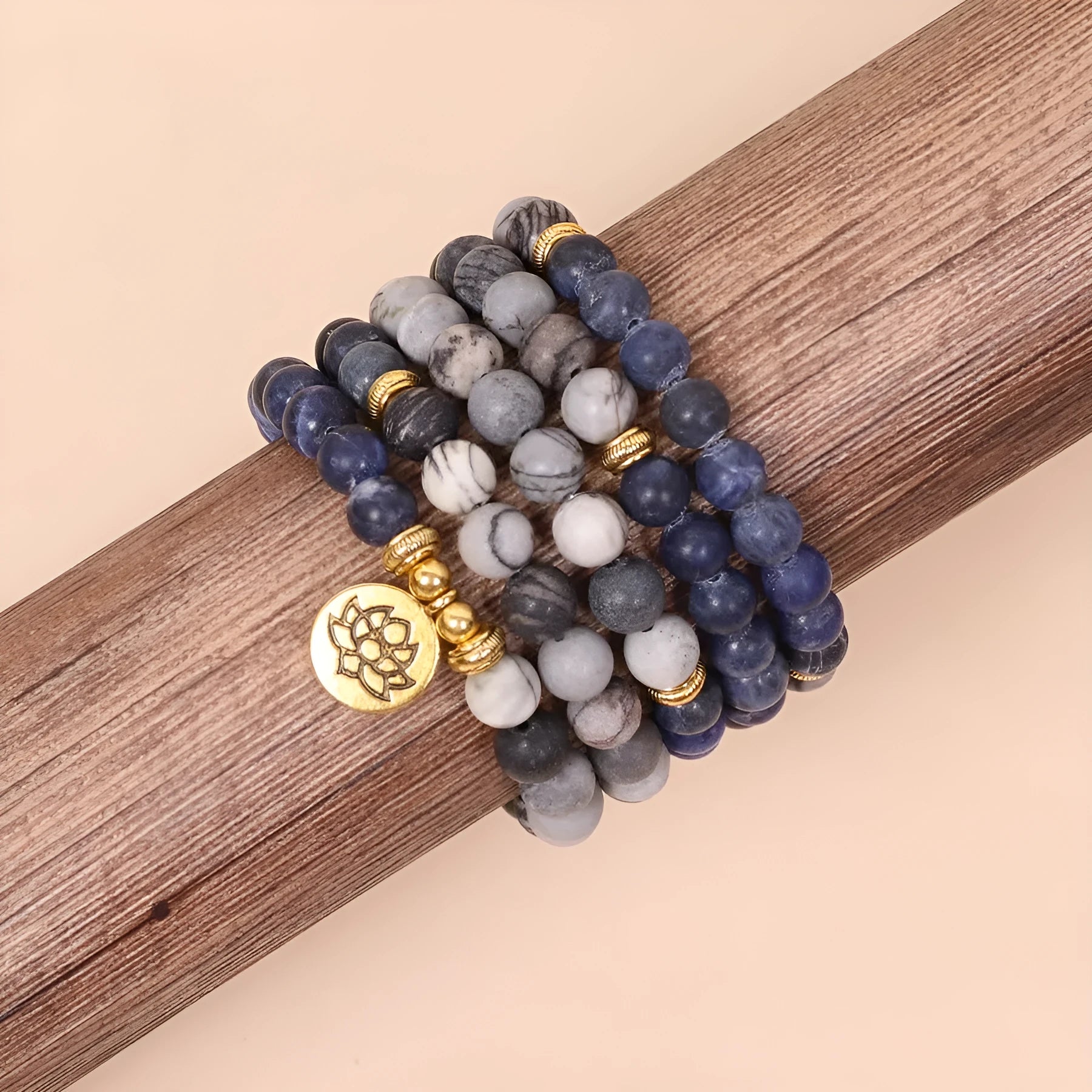 Blue patterned network stone bead multi-layer bracelet on alloy chains with fresh sweet style