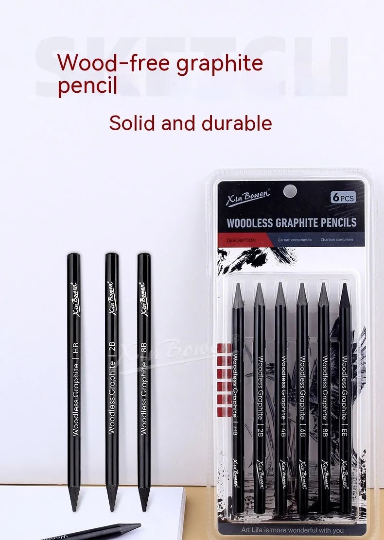 Set of six wood-free graphite sketching pencils in different grades for artistic drawing
