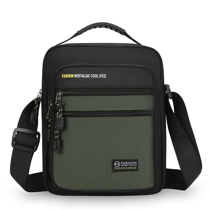 Men's nylon crossbody bag in solid colour with sewing thread detail, shown in green.