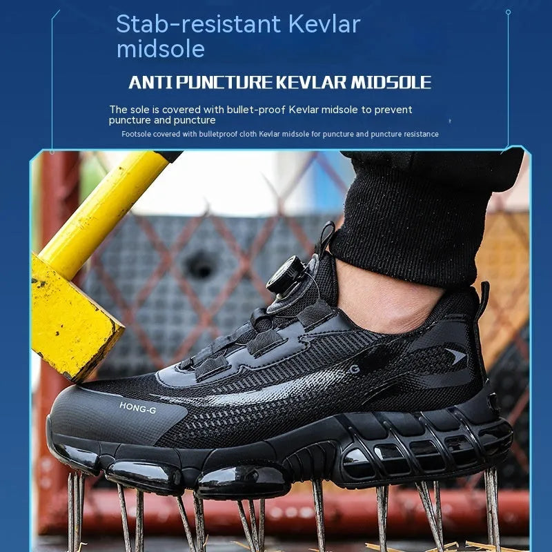 Lightweight flyknit work safety shoes with steel toe protection in black colour