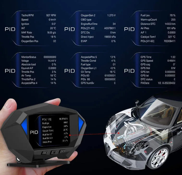 Black vehicle head-up display unit with LCD screen on a car dashboard.