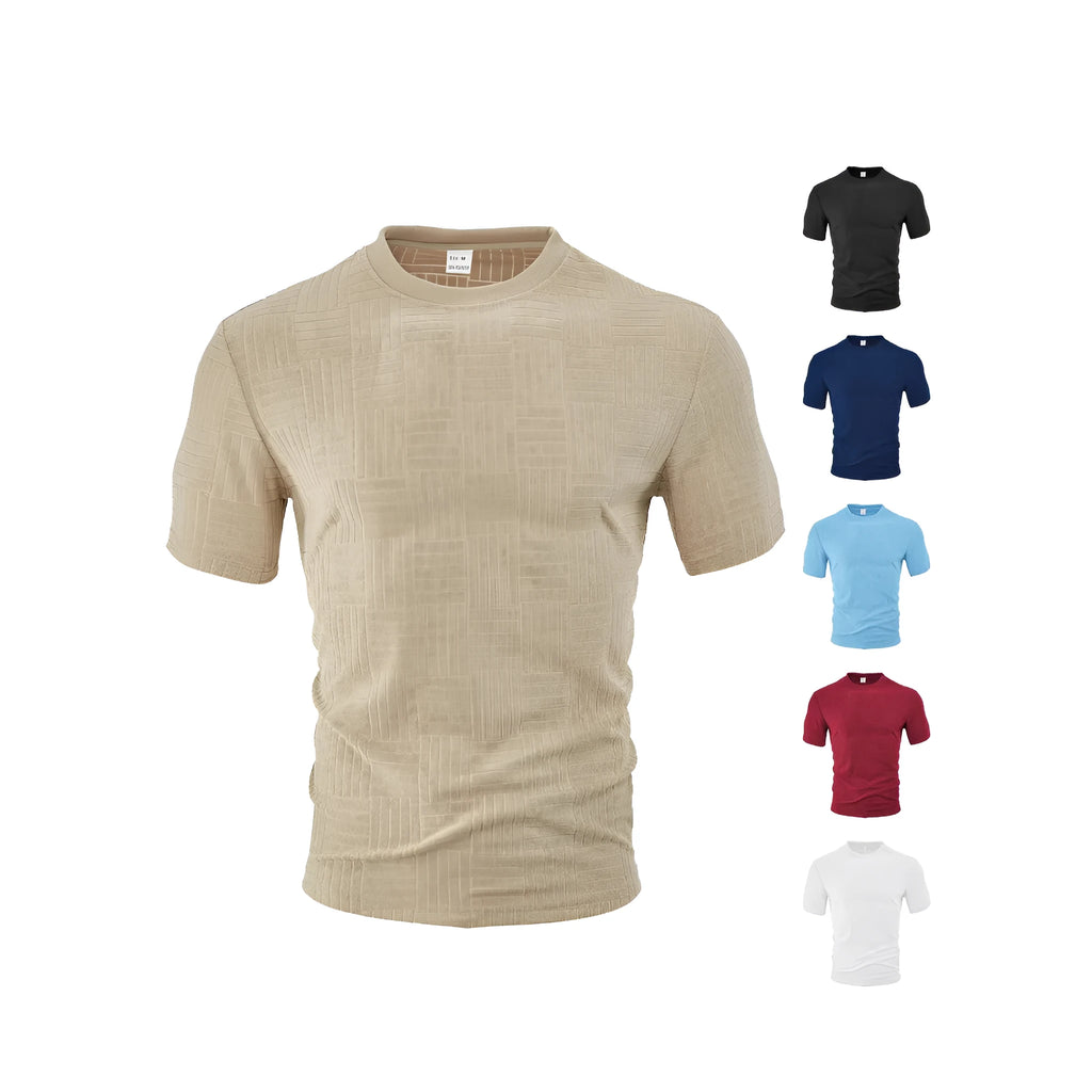 Casual loose breathable round neck towel jacquard short sleeve top in light blue, front view
