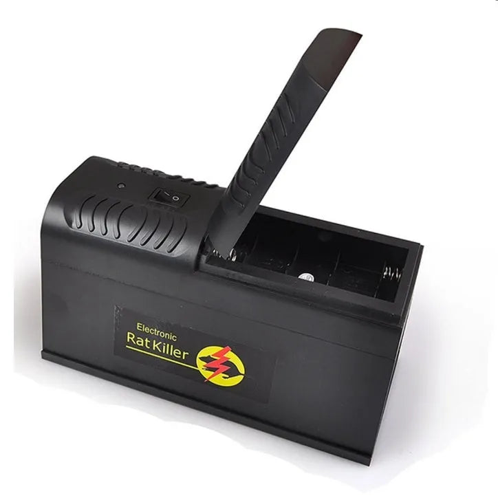 Indoor high-voltage mouse repellent device in black with UK plug, measuring 208x115x75mm