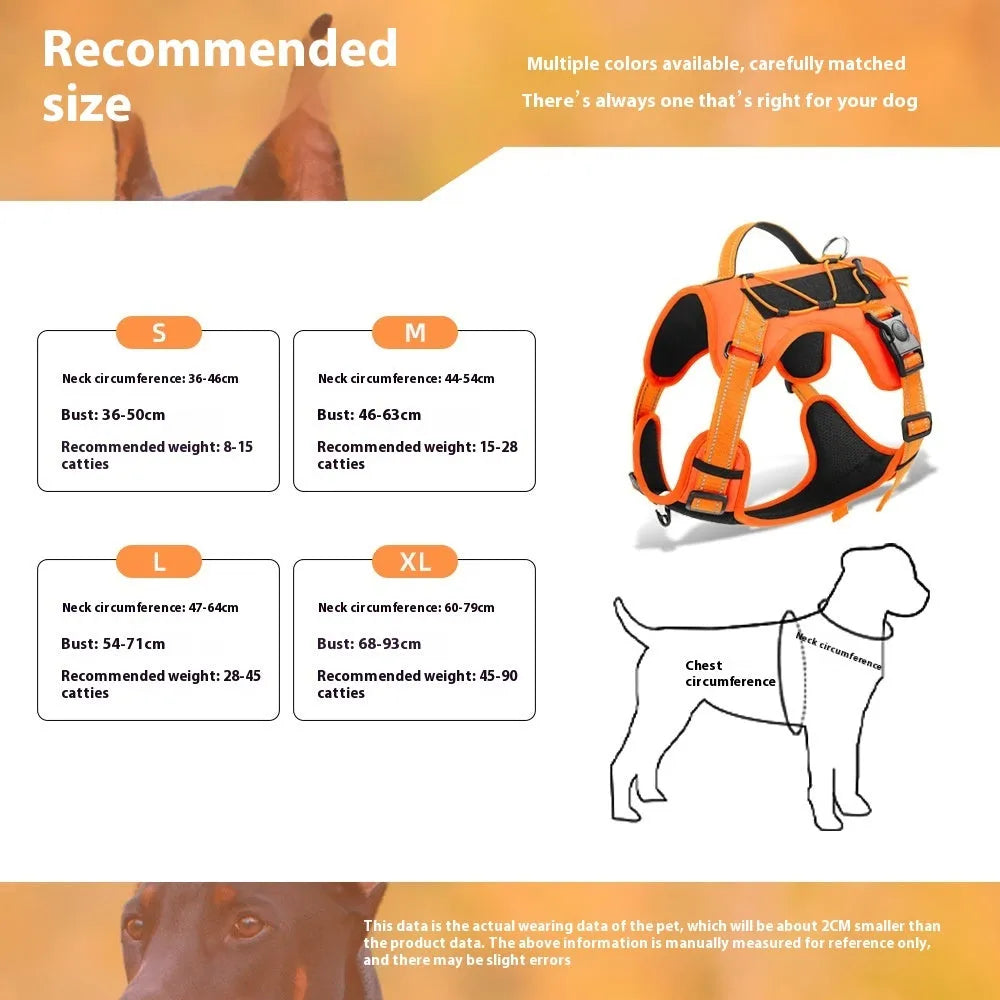 Orange PU dog vest harness with an integrated black hand-holding rope leash, shown on a medium-sized dog.
