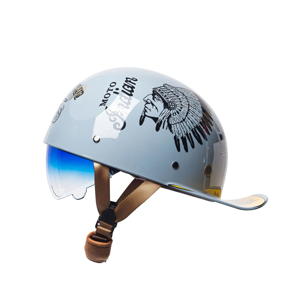 Mens retro half helmet for electric bicycles in bright black gradient blue colour with blue lens