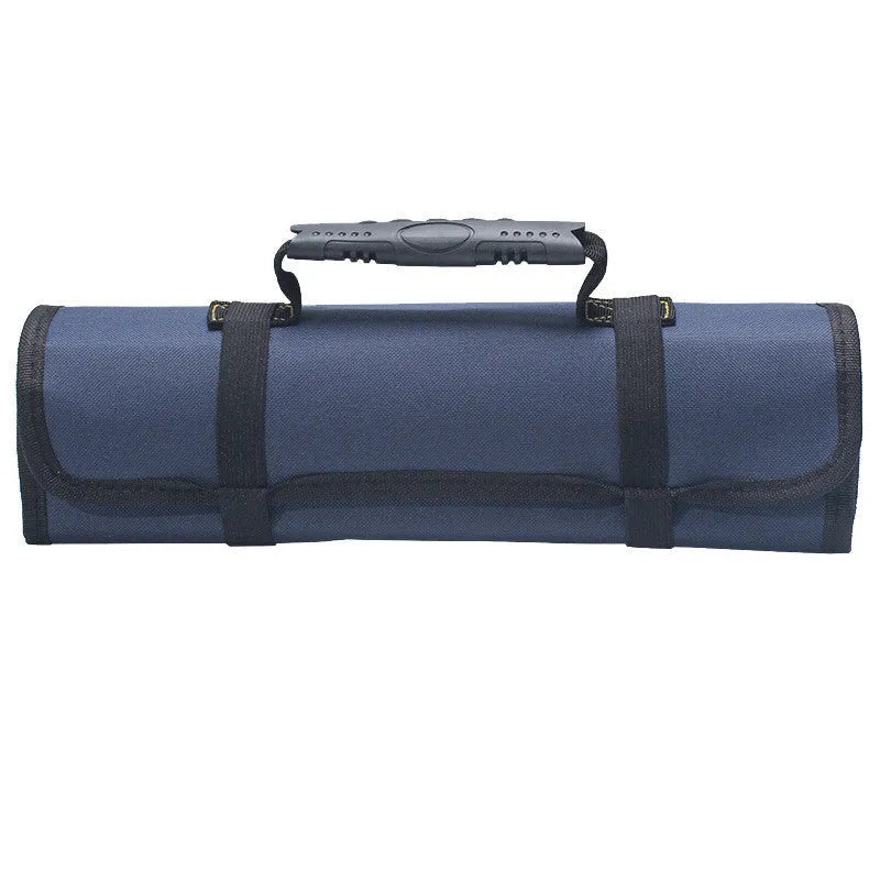 Thickened electrician bag in brown Oxford cloth, 58.5x35.5cm, folded with tools inside