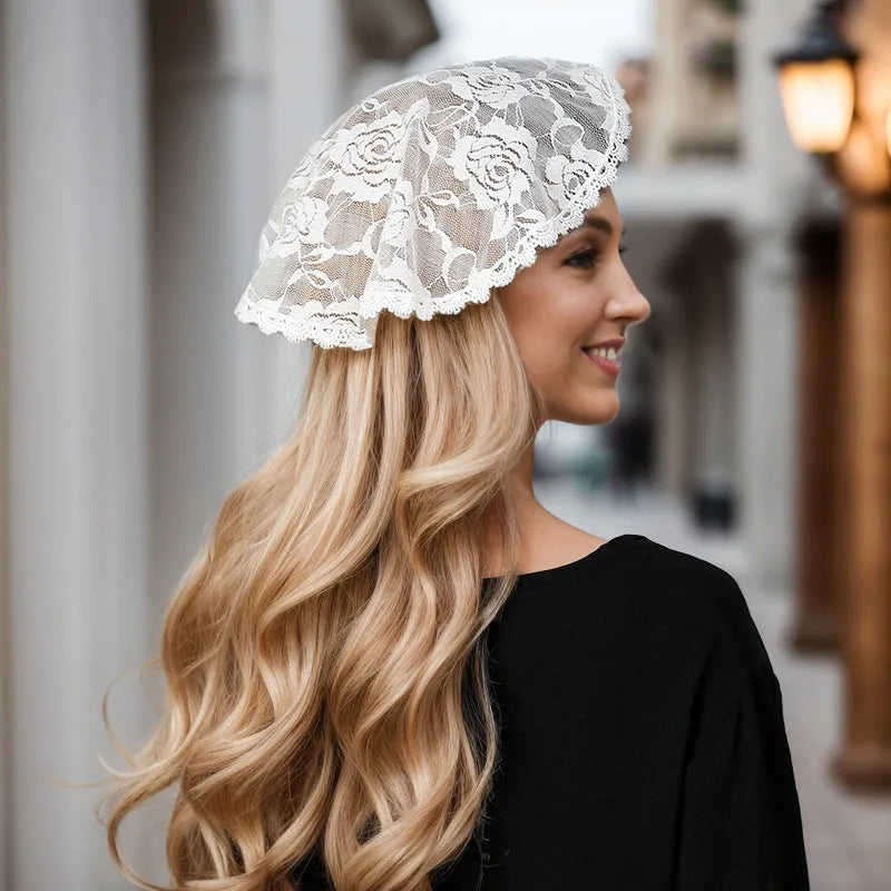 Small round bridal head cover in black or white, 30cm wide, made from polyester fabric.