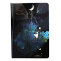 A5 size notebook with a luminous cover, open to show colour illustration pages and lined 160gsm paper.