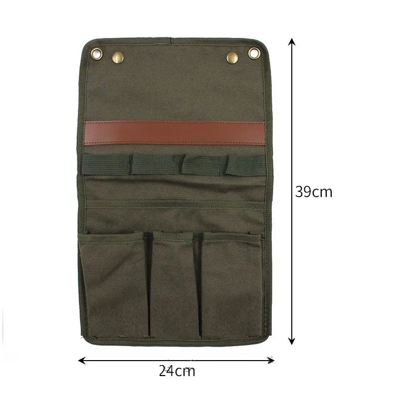 Multifunctional canvas storage bag in beige apricot for outdoor camping side hanging armrest use