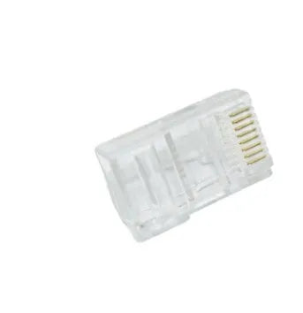 White RJ45 network modular plug with gold-plated contacts, shown alongside a bulk pack of 1000 units